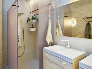 Duschkabine und Spiegel, in dem die gegenüberliegen Holzwand zu sehen ist